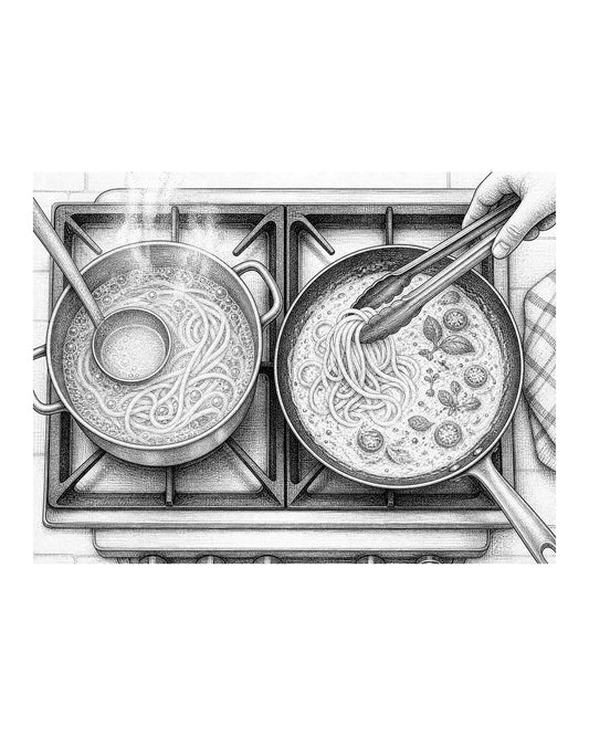 A pair of tongs lifting cooked pasta from a pot of boiling water directly into a skillet of simmering sauce, with a ladle resting nearby.