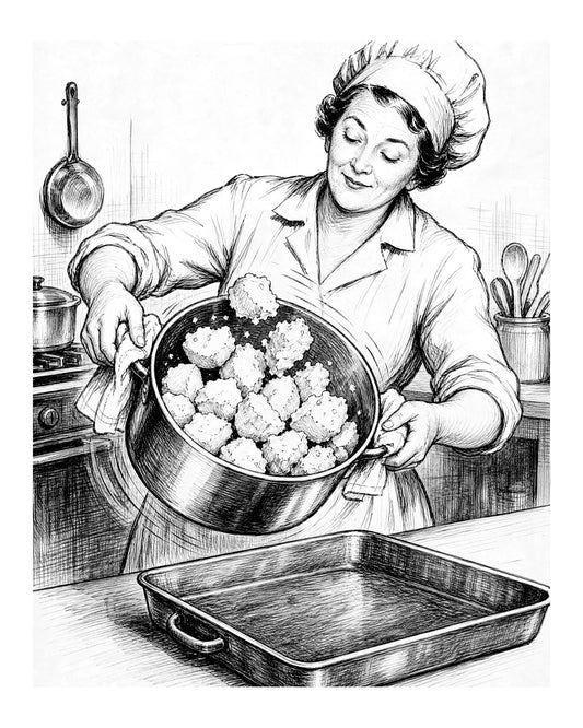 A cook shakes drained potato chunks in a pot to roughen their softened surfaces before roasting.
