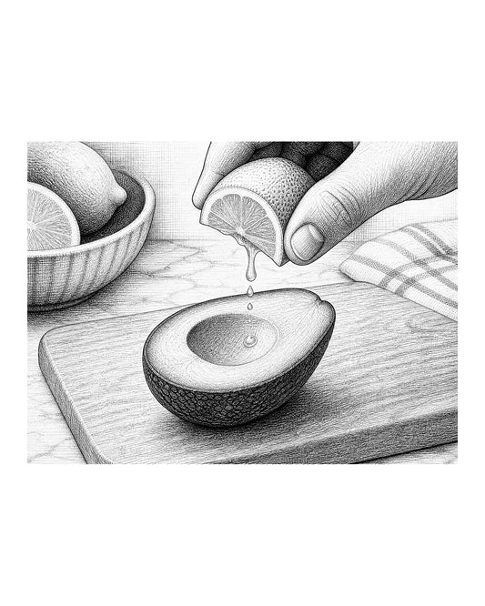 A halved avocado with a lemon wedge being squeezed over the exposed green flesh.