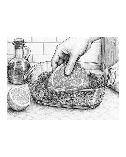 A hand placing raw meat into a glass dish of herb marinade.